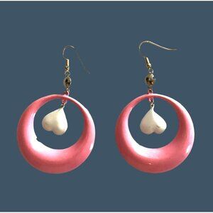 WOMENS DANGLE PINK TONE WITH WHITE CENTER HEART EARRINGS